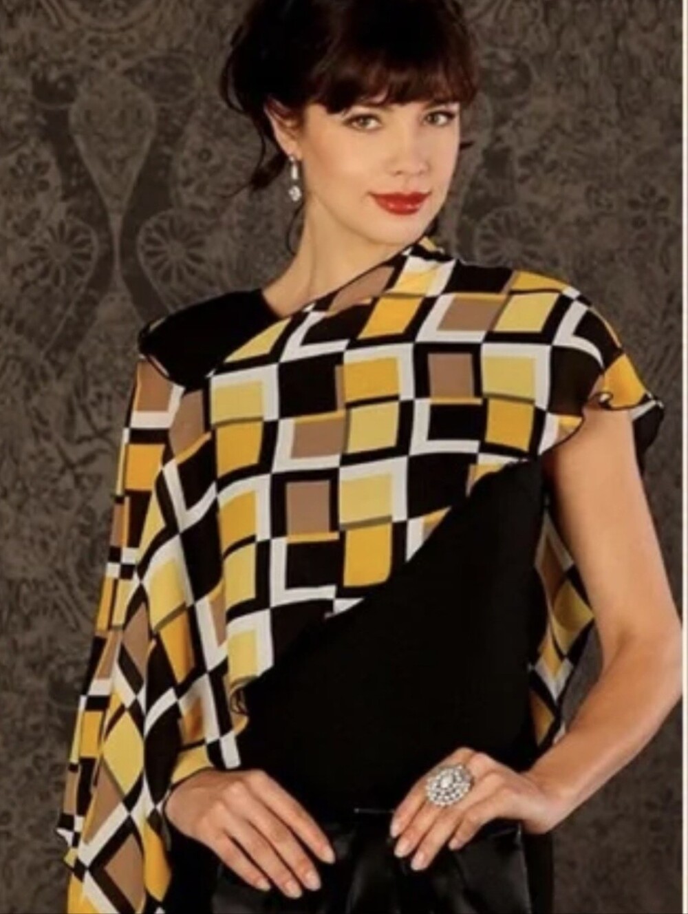 Geometric Asymmetrical Overlay Blouse in Yellow, Black and Tan